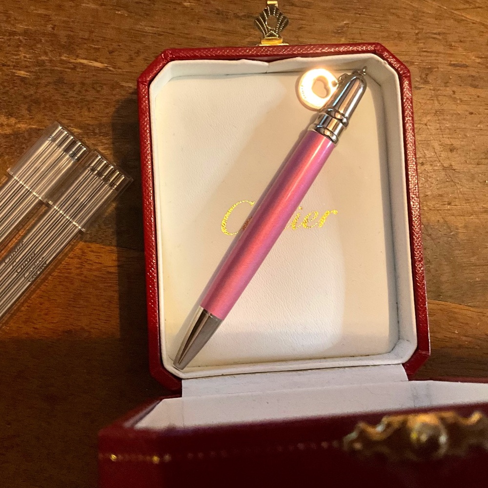 Pink Enamel Cartier Mini Pen and 10 Cartier Ink Refills w/ Cartier Gift Pouch